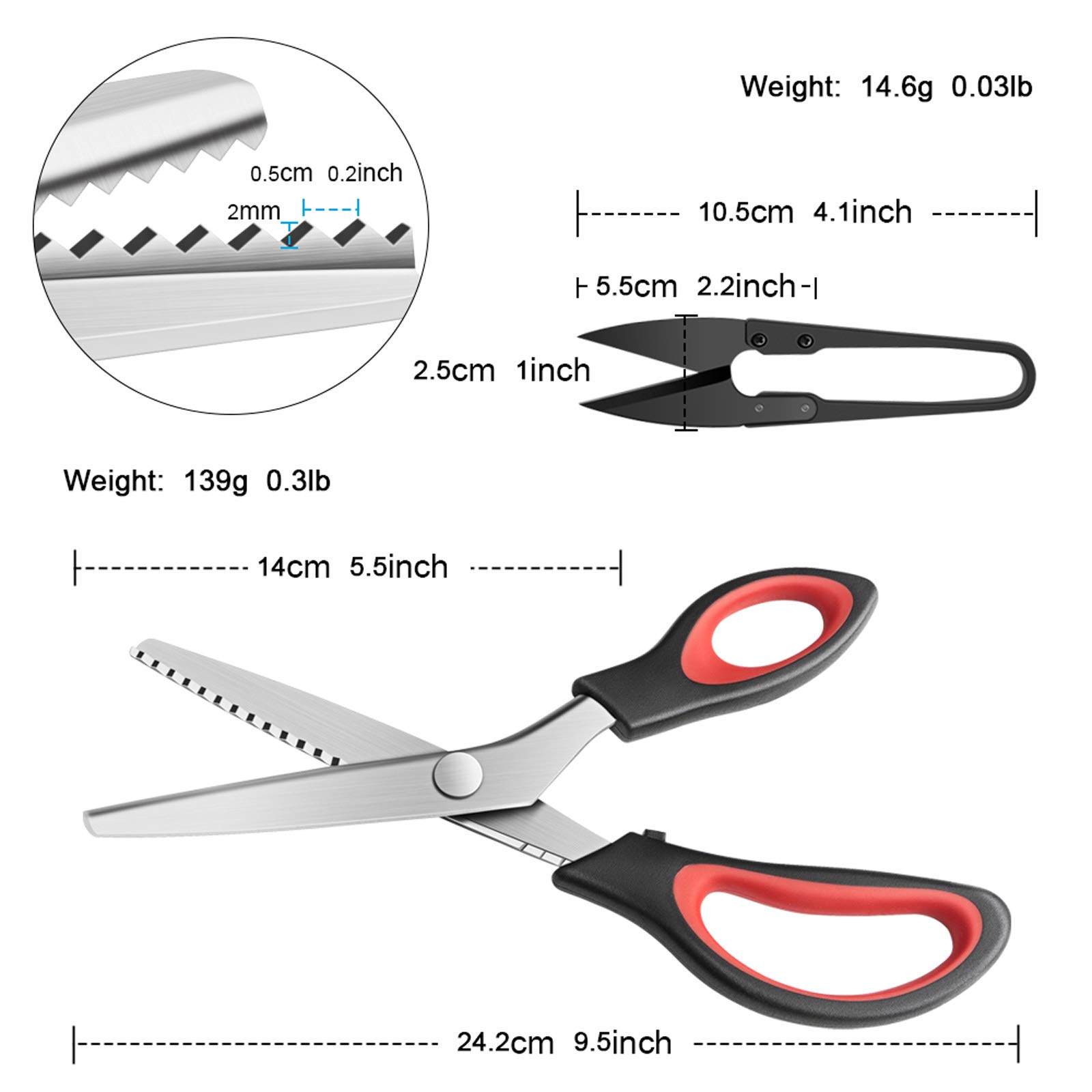 KUONIIY Pinking Shears Serrated, Comfort Grips Handled, Professional Dressmaking Sewing Craft, Zig Zag Cut Scissors, 9 Inch, Black Red - 图片 6