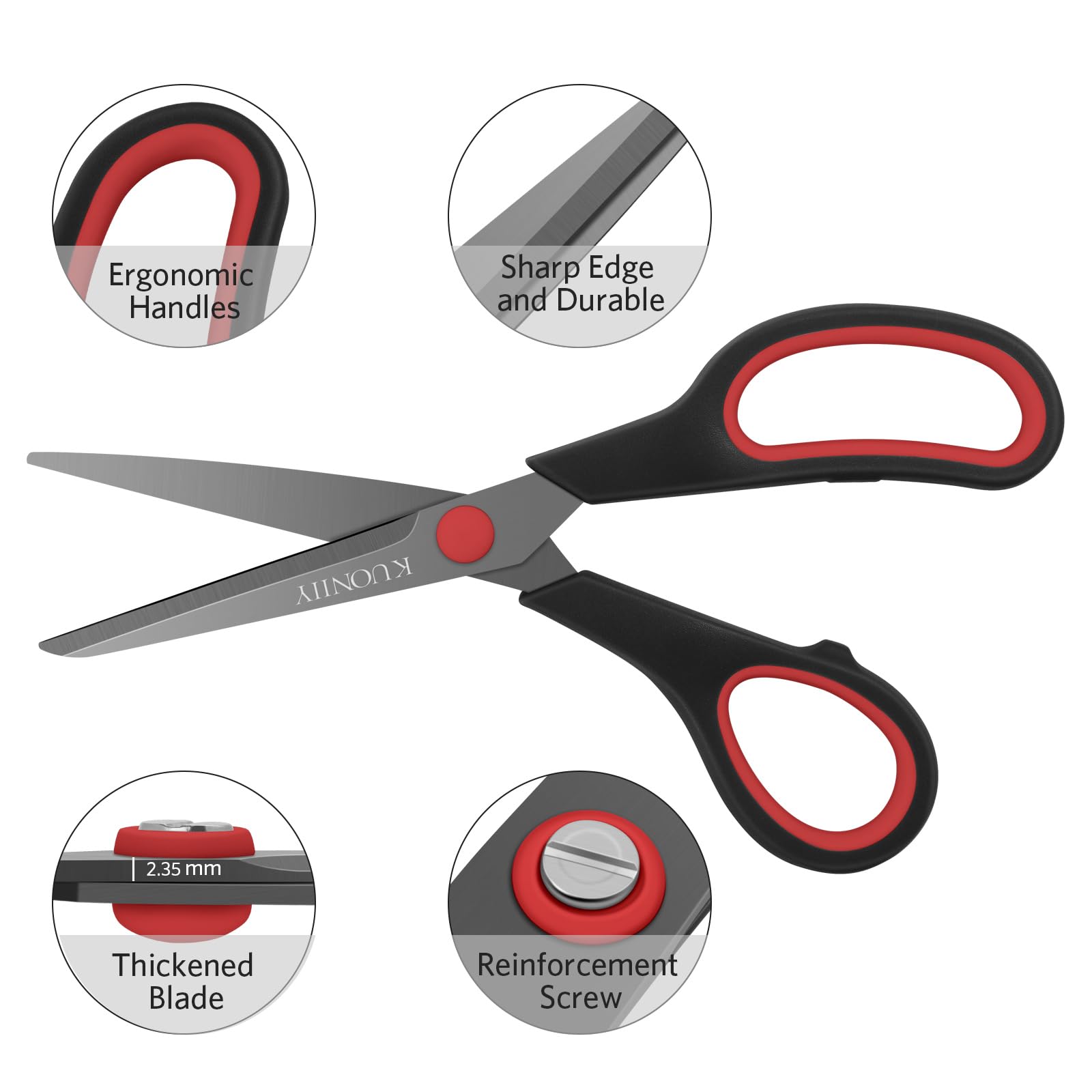 KUONIIY Scissors Ultra Sharp Titanium Coating Blades Soft Comfort-Grip Handles Multi-Purpose Scissors, BlackRed, 8 Inch - 图片 6