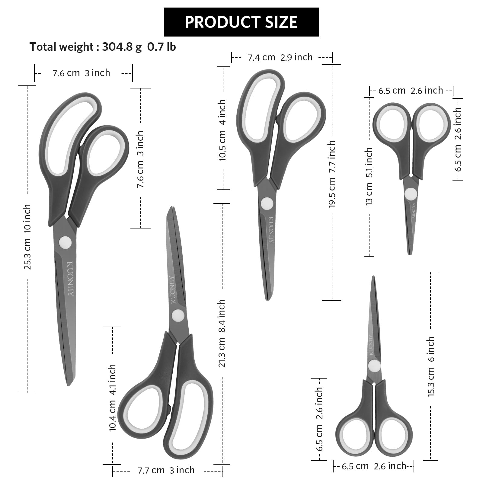 KUONIIY Scissors Ultra Sharp Titanium Coating Blades Soft Comfort-Grip Handles Multi-Purpose Scissors Set of 5 - 图片 3