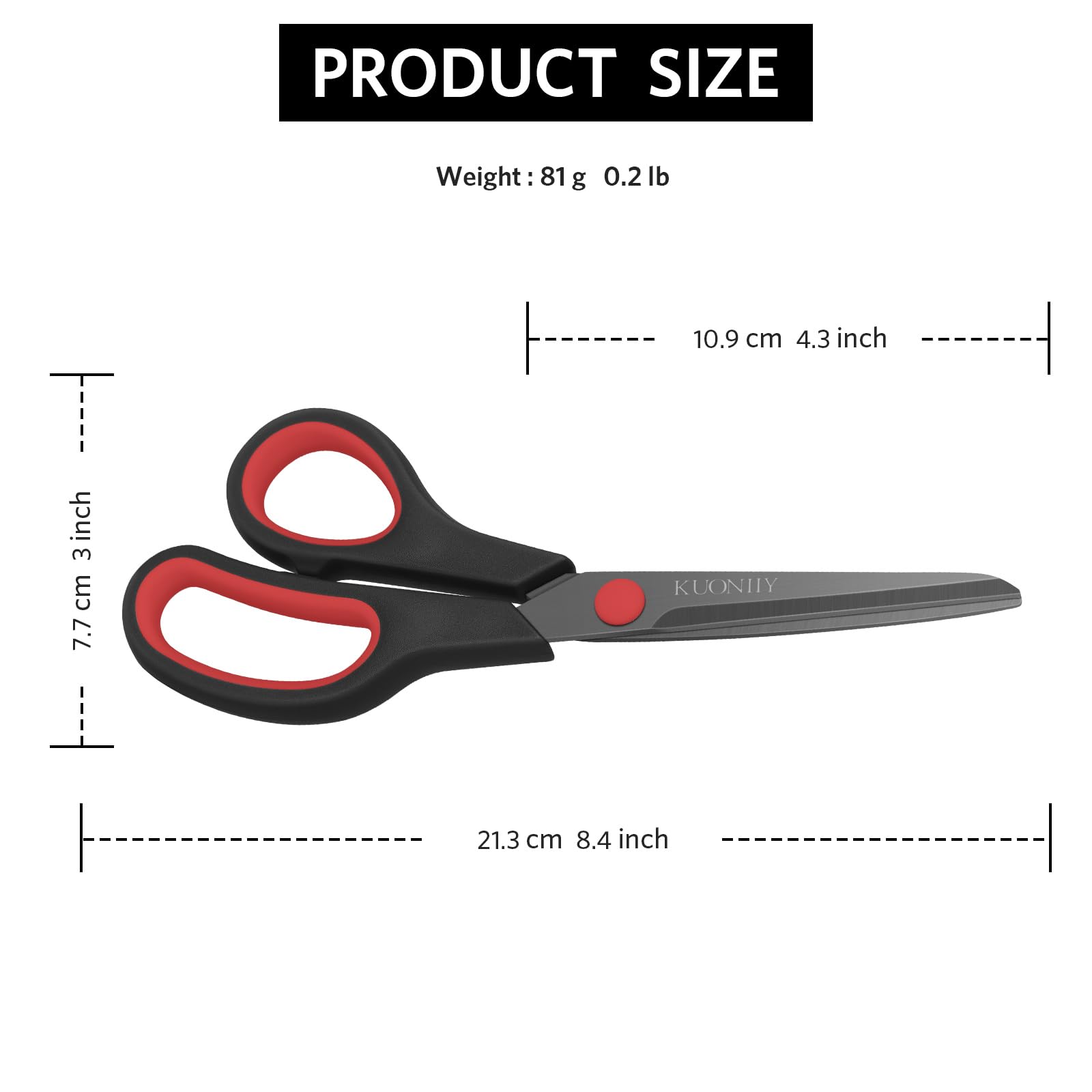 KUONIIY Scissors Ultra Sharp Titanium Coating Blades Soft Comfort-Grip Handles Multi-Purpose Scissors, BlackRed, 8 Inch - 图片 7