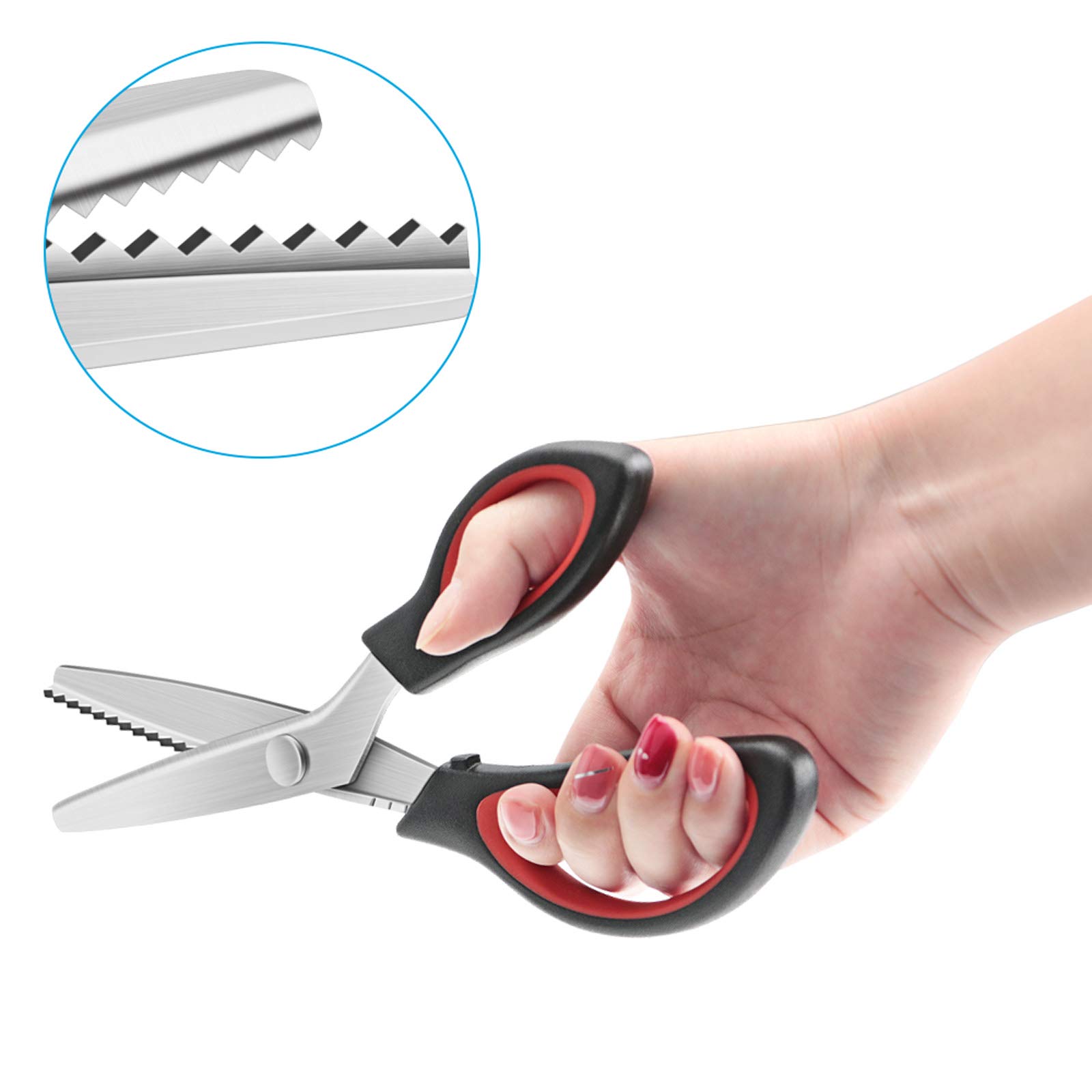 KUONIIY Pinking Shears Serrated, Comfort Grips Handled, Professional Dressmaking Sewing Craft, Zig Zag Cut Scissors, 9 Inch, Black Red - 图片 4