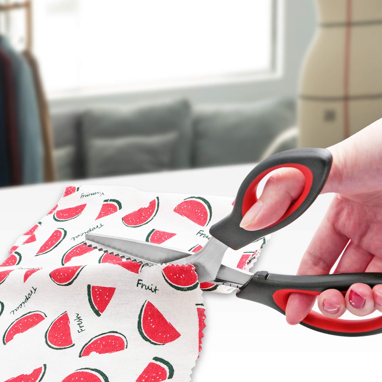 KUONIIY Pinking Shears Serrated, Comfort Grips Handled, Professional Dressmaking Sewing Craft, Zig Zag Cut Scissors, 9 Inch, Black Red - 图片 2