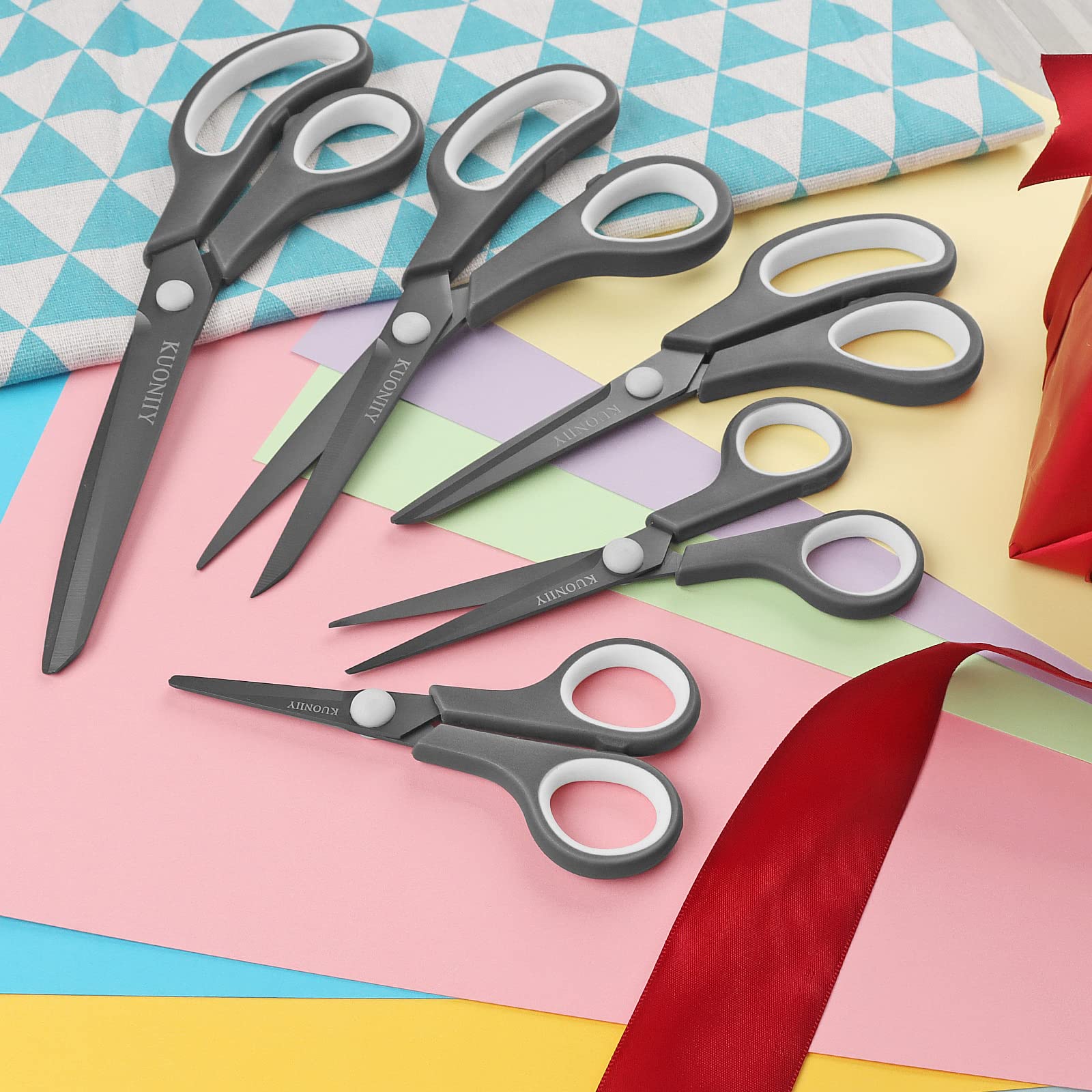 KUONIIY Scissors Ultra Sharp Titanium Coating Blades Soft Comfort-Grip Handles Multi-Purpose Scissors Set of 5 - 图片 6