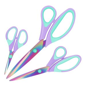 Scissors, Sharp Titanium Coating Blades, Soft Grip Handle, Multi-Purpose Scissors Set of 3 Suitable for Families, Office, and School Use, Purple Green