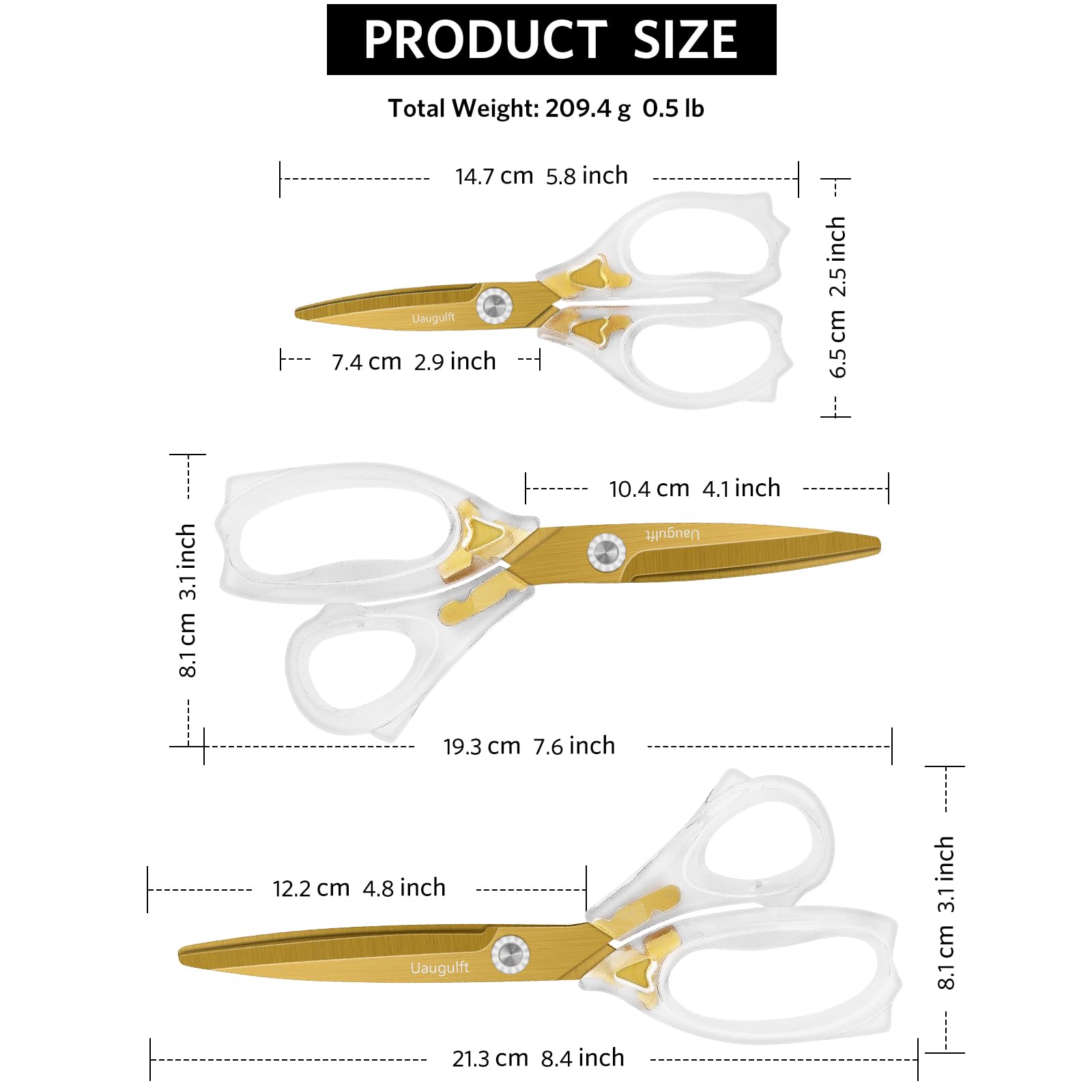 Acrylic Scissors, Sharp Titanium Coating Blades with Ergonomic ABS Handle, Multi-Purpose Scissors Set of 3, Suitable for Sewing and Household, Clear and Gold-Toned - 图片 4