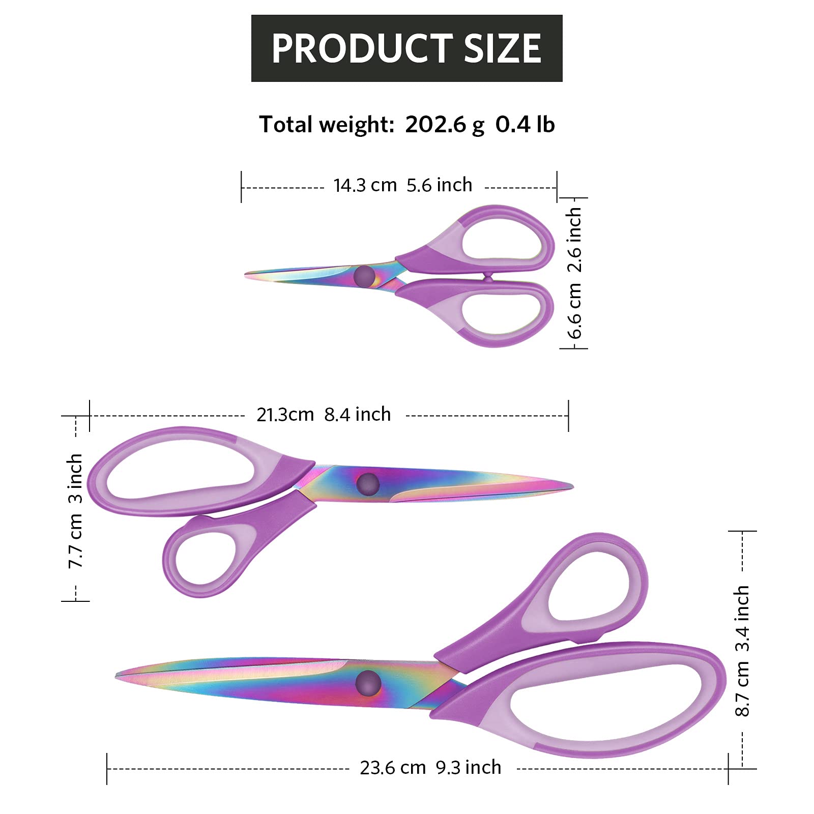 Multi-Purpose Scissors Set of 3, Titanium Blades, Soft Grip Handle, Purple - 图片 4