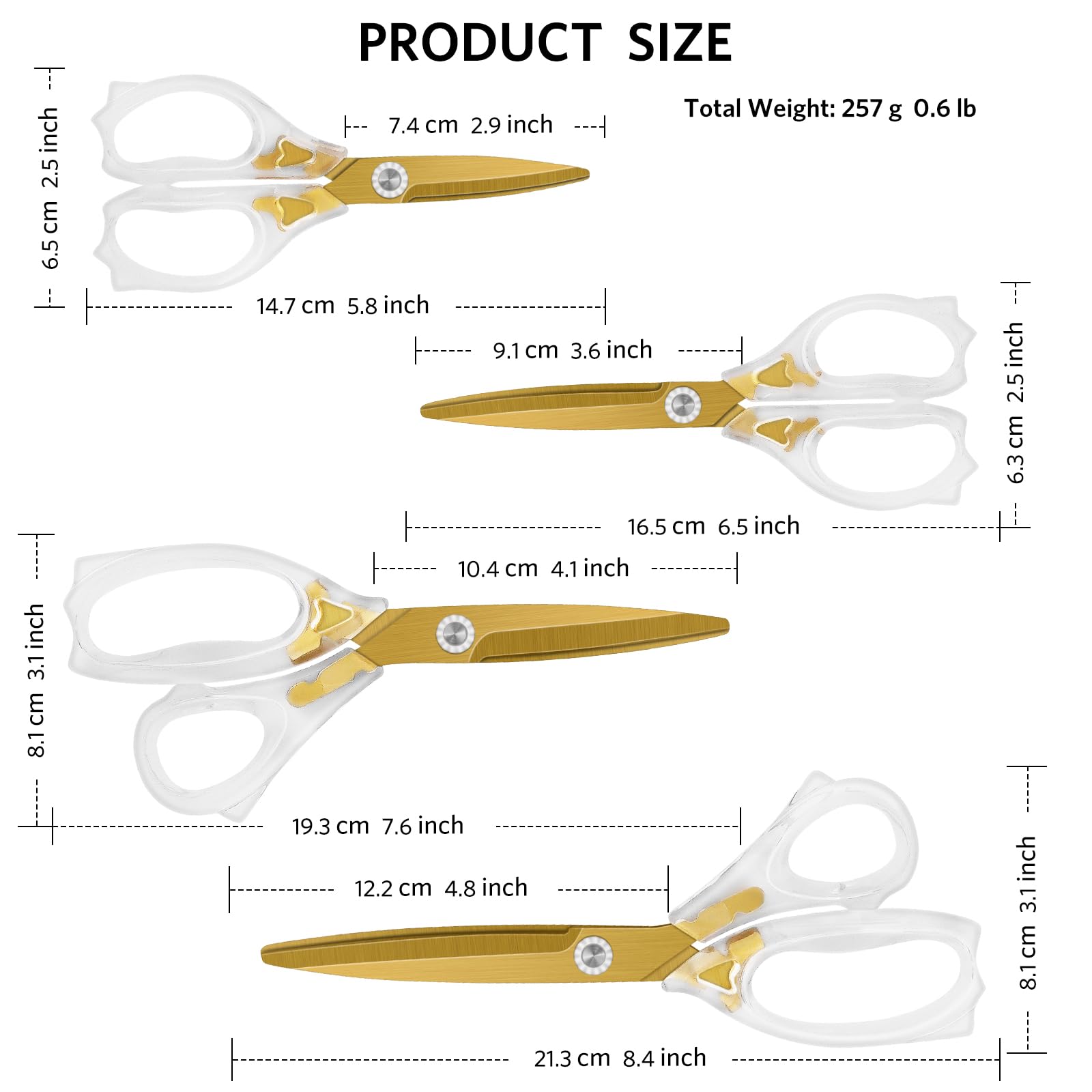 Acrylic Scissors, Sharp Titanium Blades with Ergonomic ABS Handle, Multi-Purpose Scissors Set of 4, Suitable for Sewing and Household, Clear and Gold-Toned - 图片 4