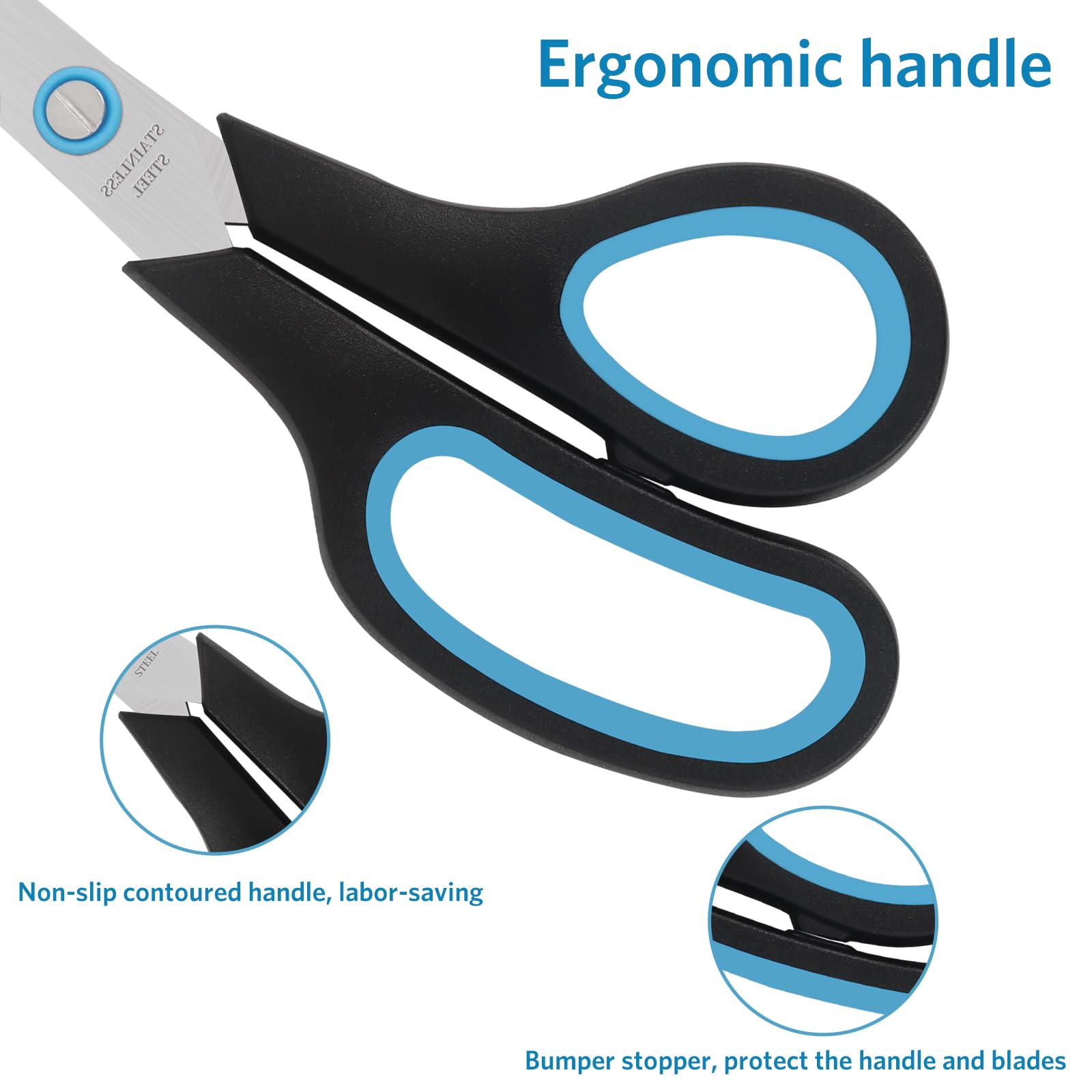 Scissors, Stainless Steel Paper Multi-Purpose Scissors with Soft Grip Handle, Blue Black, 7 Inch - 图片 5