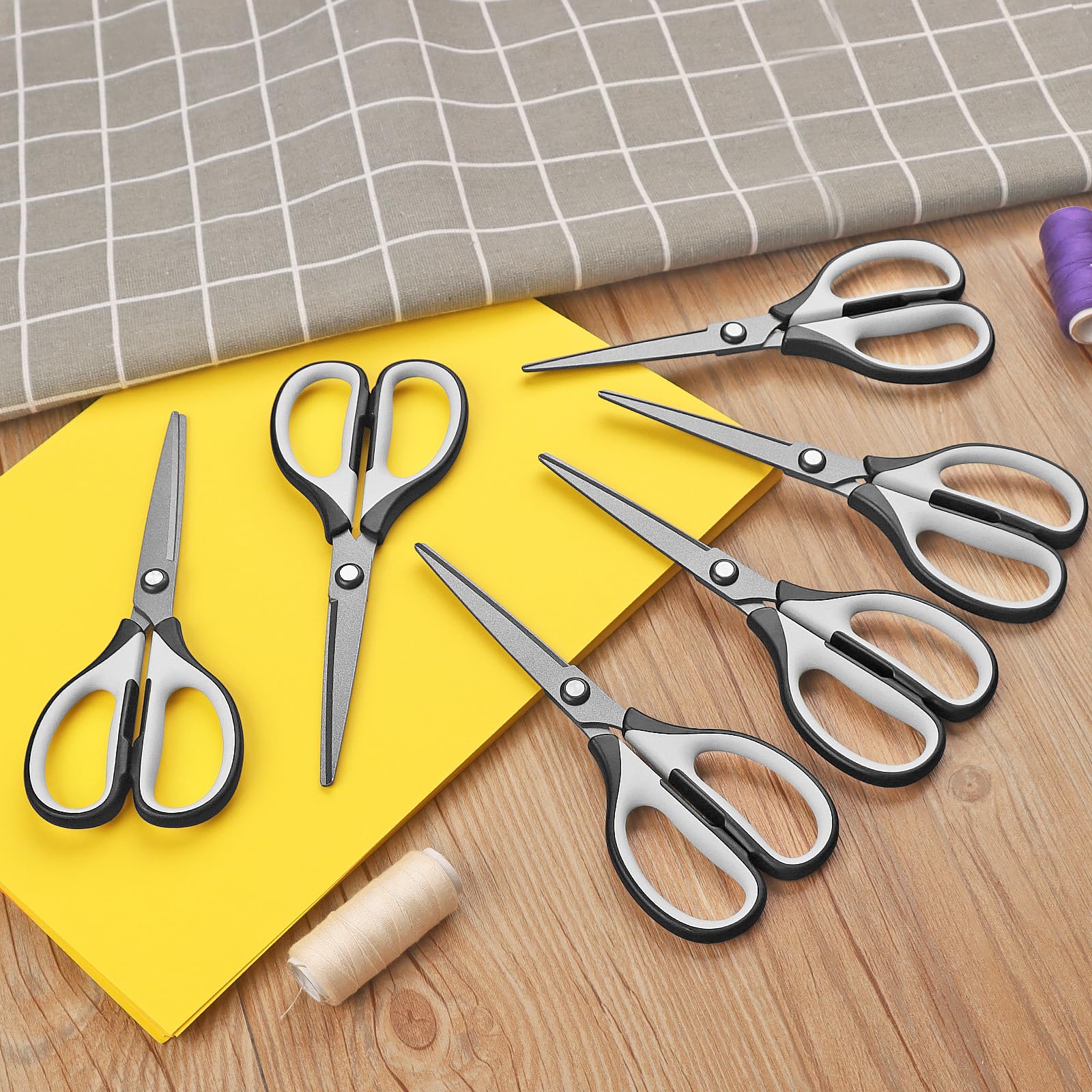 Scissors, Stainless Steel Professional Multi-Purpose Scissors with with Titanium Coated Blades, Soft Grip Handle, Grey Black, 6 Pieces Set - 图片 7